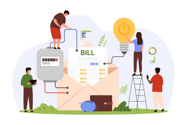 Payment for electricity using utility bill from paper letter. Tiny people check electric energy consumption for light bulbs with meter, unpaid invoice document