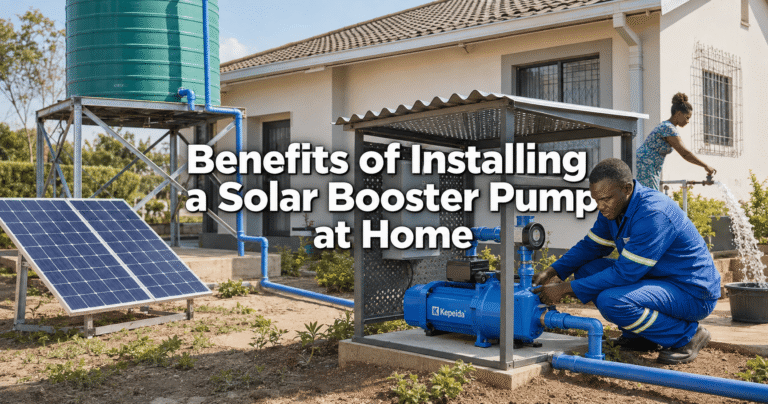 Technician inspecting a Kepeida solar booster pump connected to a household water tank and solar panels in Zimbabwe