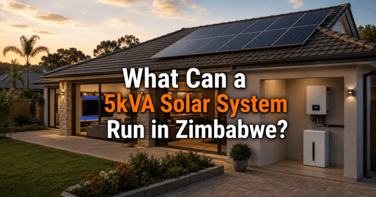 5kVA solar system powering a Zimbabwean home with rooftop solar panels, hybrid inverter and lithium battery