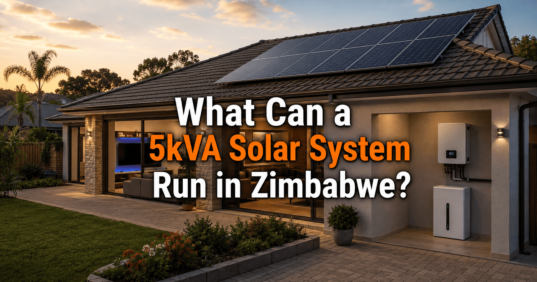 5kVA solar system powering a Zimbabwean home with rooftop solar panels, hybrid inverter and lithium battery