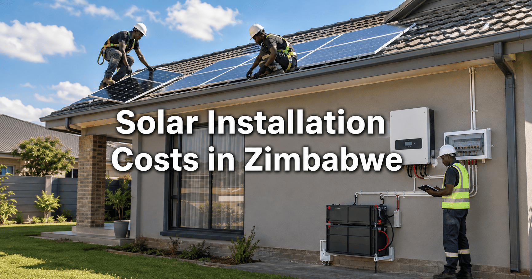 Solar technicians installing rooftop panels, an inverter and batteries at a home in Zimbabwe
