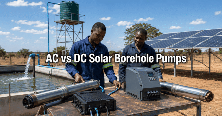 Technicians comparing AC and DC solar borehole pumps beside solar panels and a water-storage tank in Zimbabwe