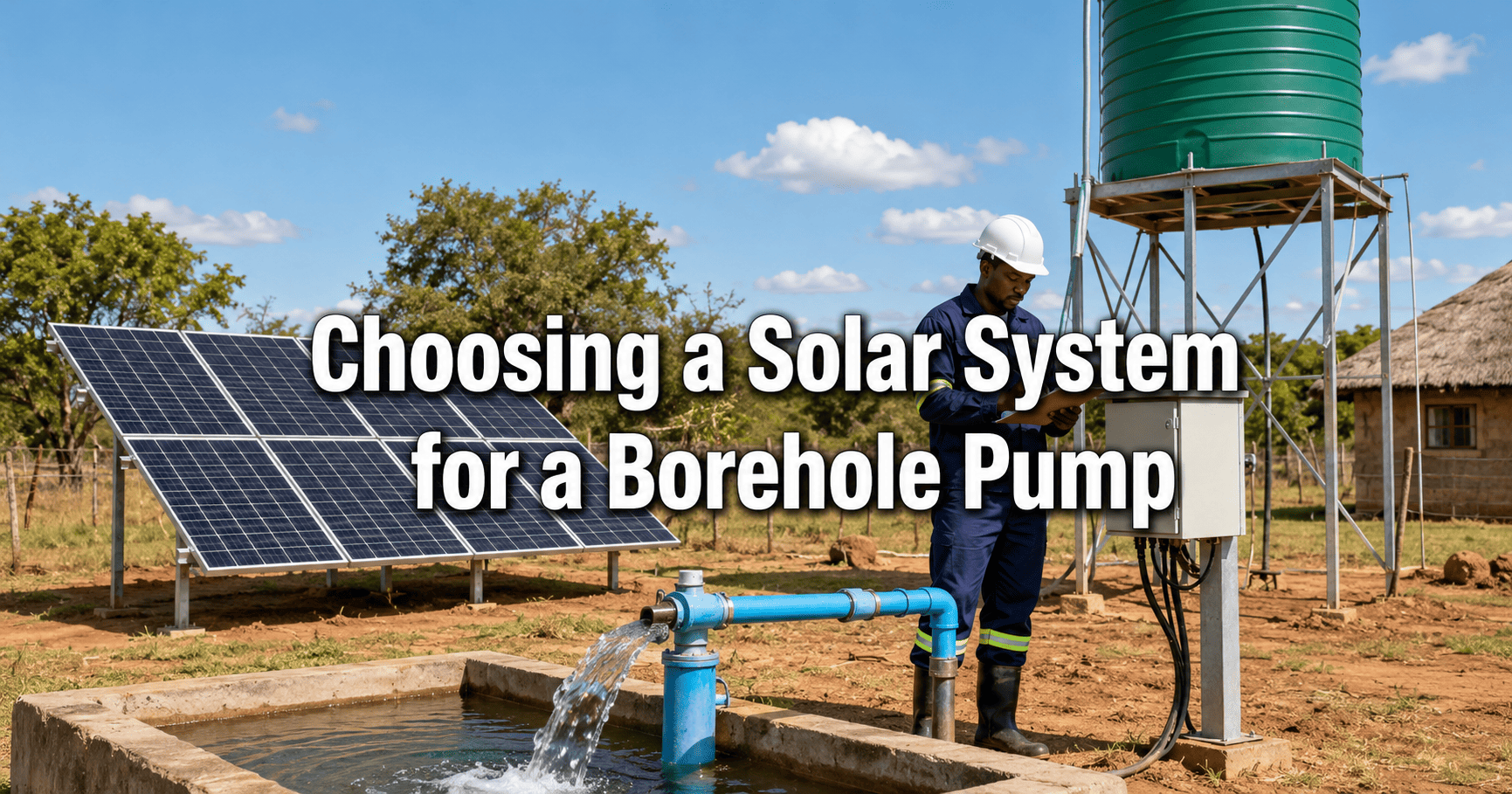 Technician inspecting a complete solar borehole-pumping system with panels, controller, piping and water-storage tank in Zimbabwe