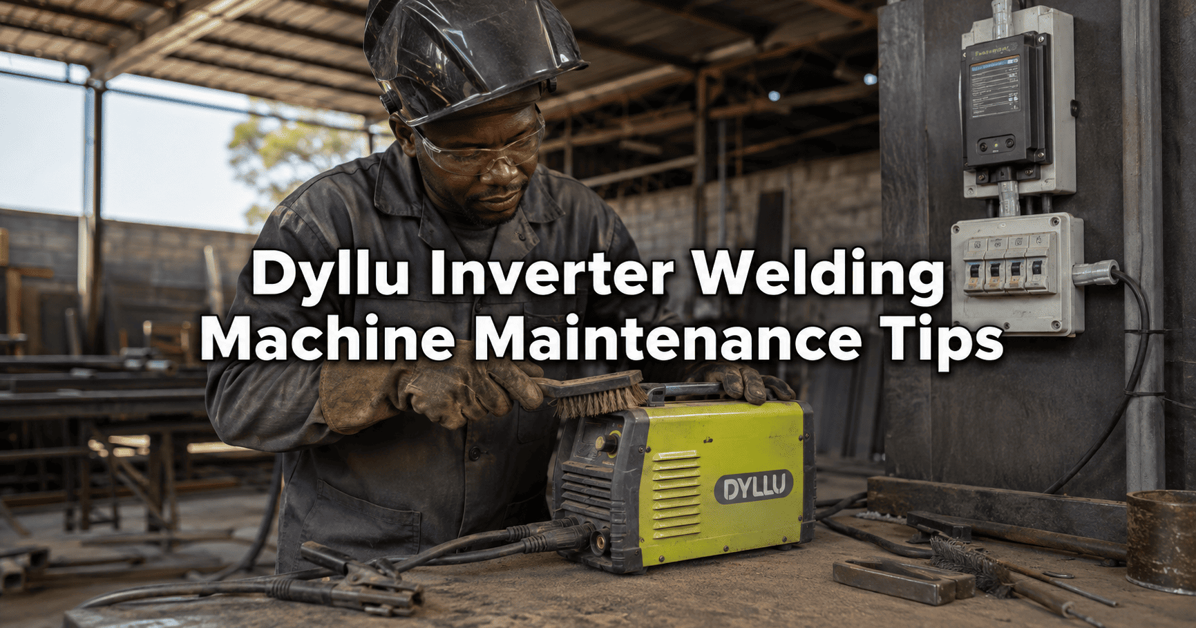 Technician cleaning a Dyllu inverter welding machine in a dusty Zimbabwean workshop with electrical surge protection installed