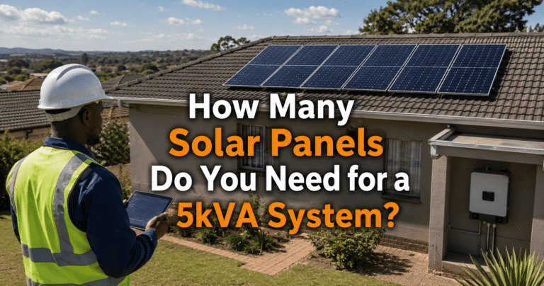 Solar technician assessing six rooftop solar panels for a 5kVA solar system in Zimbabwe