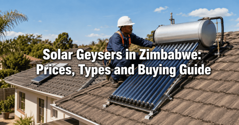 Solar technician inspecting an evacuated-tube solar geyser installed on the roof of a Zimbabwean home